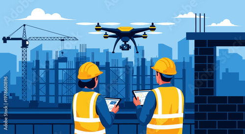 Two construction workers operating drone on building site with cityscape