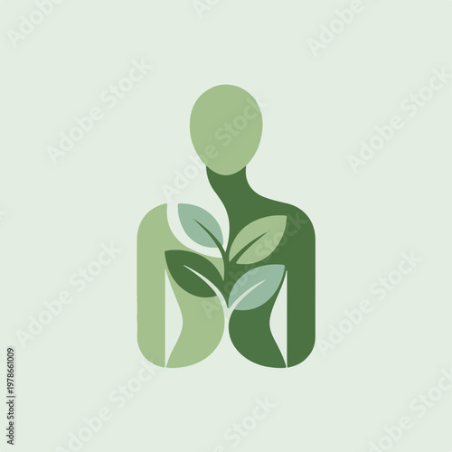 Abstract environmental symbol featuring a person whose arms become branches with green leaves.