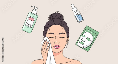 Woman cleanses face with towel, removing makeup, surrounded by skincare products and sheet mask.