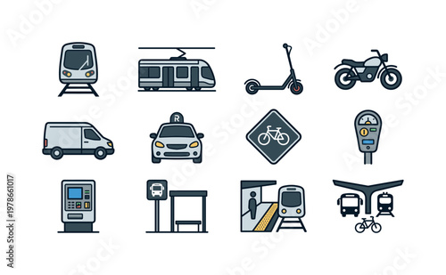 Urban transport and mobility with subway train, tram vehicle, electric scooter, motorcycle, delivery van, ride share car, bike