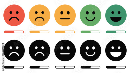 Colorful feedback faces with progress bars showing bad poor average good and excellent satisfaction levels, emoji rating scale for surveys, customer reviews, evaluation systems and user experience 