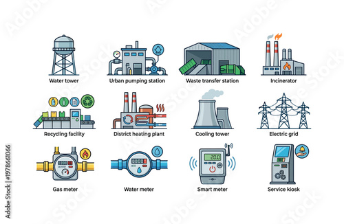 Urban utilities and services with water tower, pumping station, waste transfer station, recycling facility, incinerator plant,