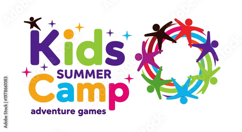 Colorful kids summer camp logo with adventure games and people icons
