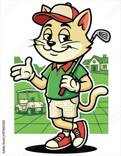 Whimsical cat golfer in a green polo shirt and shorts, holding a golf club on a sunny golf course with a golf cart in the background, cartoon style vector design