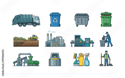 Waste management services with garbage truck, recycling bin, waste container, compost bin, landfill site, incinerator plant,