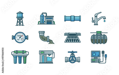 Water supply and sanitation with water tower, pumping station, water pipe, faucet, meter gauge, sewer pipe, drainage grate,