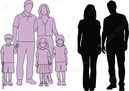 Silhouette illustration showing two families comparison, group of parents and children versus couple, concept of family diversity, unity, parenting, relationships