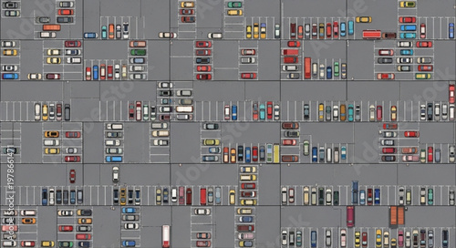 Aerial view of a busy parking lot filled with cars.