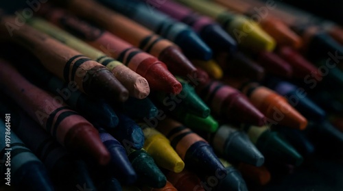 Closeup of a colorful collection of crayons art supplies for children.