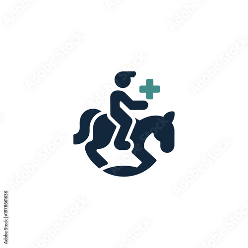 Person riding a horse with a medical cross