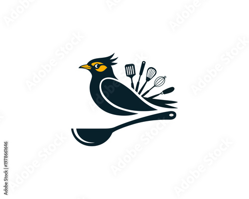 A bird holding kitchen utensils in its feathers