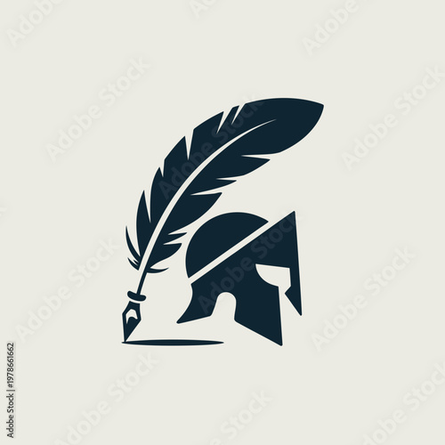 A quill pen and a spartan helmet combined in a single graphic design