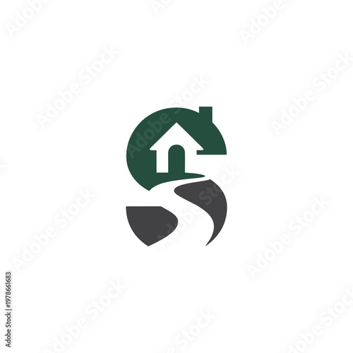 A green and black logo of a house on a white background