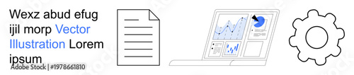 Business analytics, process optimization, software management, productivity tools, data visualization, digital workflow. Graphs on a laptop screen, document gear icon. Data visualization