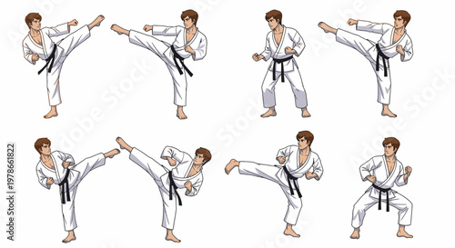 Karate martial arts vector set, taekwondo kicking and blocking poses in white gi with black belt. Combat sport training illustrations for dojo posters, fitness ads, infographics