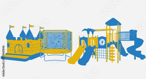 Flat vector playground illustration in blue and yellow, children park equipment with castle playhouse and slides, outdoor play area graphic for kindergarten brochure, web banner