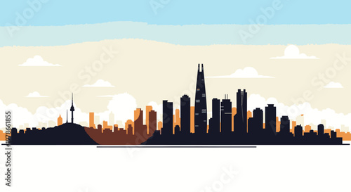 Modern city skyline silhouette vector, black and orange urban skyline at sunset with skyscrapers and towers, flat minimalist cityscape panorama illustration for travel poster, banner