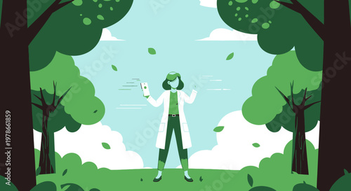 Flat vector nature illustration, young man stretching in green park between trees. Minimal cartoon outdoor landscape with sky and clouds, wellness exercise concept for web banner