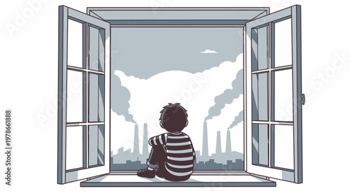 Minimalist vector illustration of child looking through open window, black and white striped shirt silhouette, calm indoor scene with sky and clouds, concept for loneliness, dreaming
