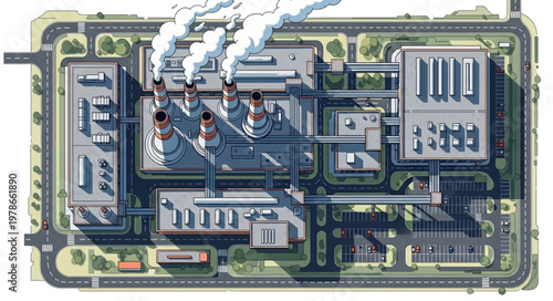 Aerial View of a Large Industrial Factory Complex Emitting Smoke.