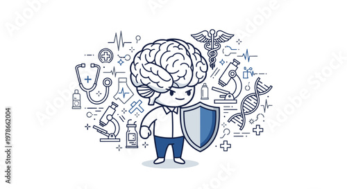 Doodle cybersecurity vector illustration, shield and brain hacker defense icon in blue line art. Hand drawn internet security concept for data protection, privacy, safe network