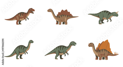 Retro cartoon dinosaur vector set, colorful prehistoric dino silhouettes in green brown and orange. Cute Jurassic reptiles illustration pack for kids design, stickers, posters