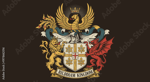 Heraldic coat of arms crest illustration, medieval fantasy emblem with crown helmet and lion supporters. Gold red blue detailed royal shield vector for badge, logo, tattoo