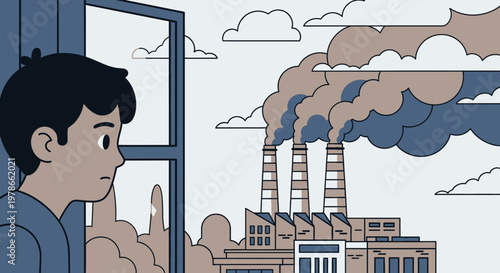 Flat vector industrial air pollution illustration, smokestack factory emitting thick gray brown smoke near residential window view, climate change and environmental hazard concept