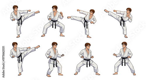 Karate athlete kicking poses vector, martial arts fighter in white gi and black belt illustration, dynamic combat training stances for sport, dojo, self defense