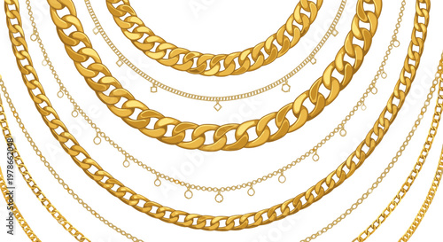 Gold chain necklace border pattern, vector jewelry frame with layered curb and rope links. Luxury metallic ornament for fashion branding, posters, social media banners and packaging