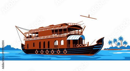 Retro wooden dhow boat vector illustration, traditional sailing ship on blue ocean with palm trees, brown vintage sea transport clipart for travel, tourism, nautical design