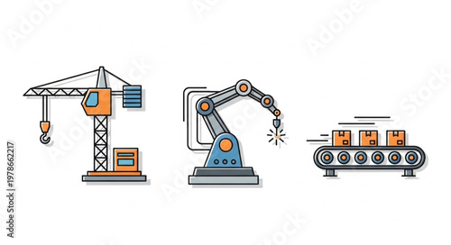 Industrial automation equipment including crane robot arm and conveyor belt.