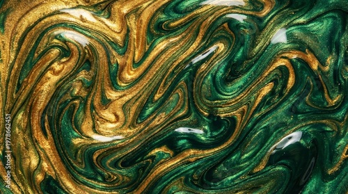 A swirling abstract artwork featuring green and gold colors blending smoothly.