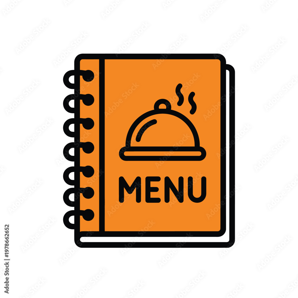 Fototapeta premium A menu book with a steaming hot dish cover on its orange cover page.