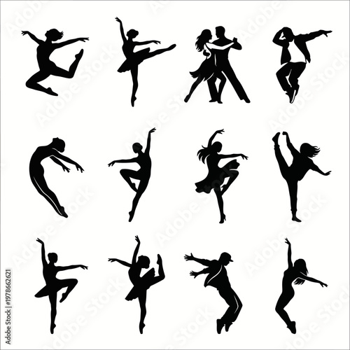 A set of black silhouette illustrations of various dancers and dancing couples in different poses on a white background.