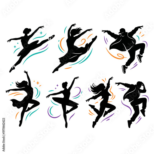 A set of colorful silhouette illustrations of dancing people in various poses, with swirling lines and shapes, on a clean white background.