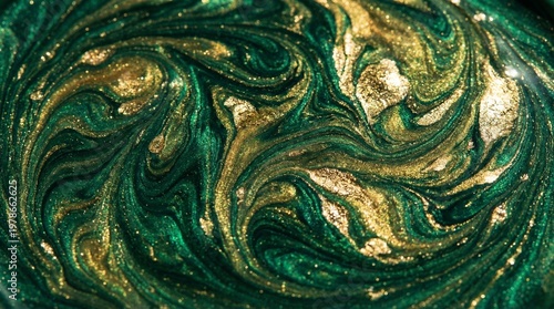 A mesmerizing swirl of gold and green marbled patterns dance across the surface