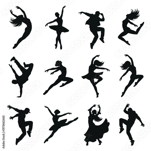 A collection of black silhouette illustrations of various dancers in dynamic poses, including ballet, hip hop, and contemporary styles, against a clean white background.