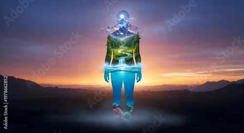 Glowing human figure standing in a natural landscape symbolizing energy and spirituality.
