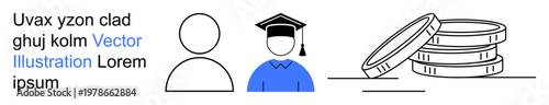 Education, financial planning, scholarships, career growth, student loans, academic success. Elements include a person icon, graduate cap and stack of coins. Education and financial planning concept