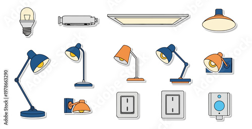 Collection of lamps and electrical outlets on a black background
