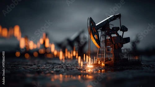 Oil Derrick at Dusk: An oil derrick stands silhouetted against a dramatic dusk sky, its mechanical form contrasted by the soft glow of an artificial light illuminating the silhouette.
