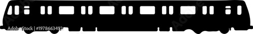 Black silhouette of a modern passenger train with multiple windows, symbolizing public transportation