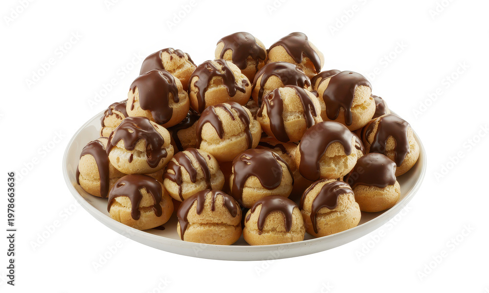 Fototapeta premium Pile of delicious cream puffs with chocolate glaze served on a plate isolated on white background