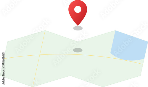 Folded paper map with red location pin, isometric navigation map vector, travel destination pointer icon for logistics and delivery apps