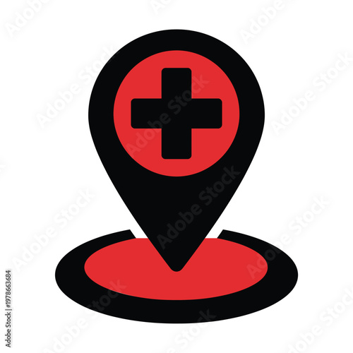 A red and black icon of a location pin with a medical cross symbol is shown.