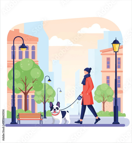 A woman walking her French Bulldog on a leash through a city park on a sunny day vector design