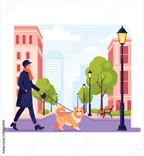 A woman walks her dog in a park on a sunny day with trees and buildings in the background vector design
