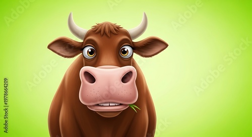 Cartoon cow with big eyes and pink nose eating grass