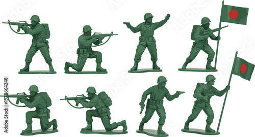 Green Plastic Toy Soldiers Set with Bangladesh National Flag Figures for Military Games, Patriotic Illustrations, National Day Decorations, and Armed Forces Concepts